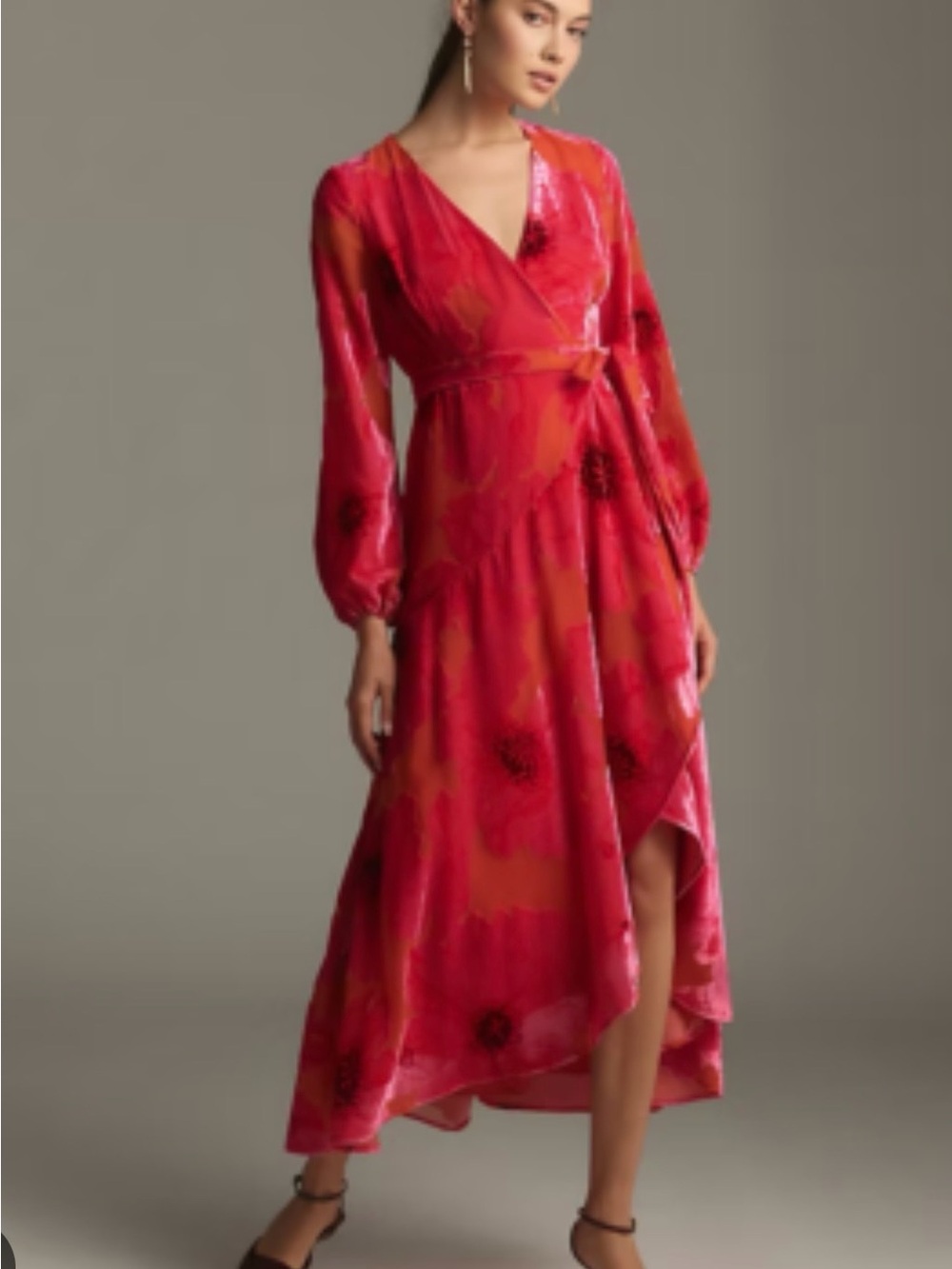 Anthropologie Hutch Long-Sleeve V-Neck Wrap Midi Dress Velvet Pink Red